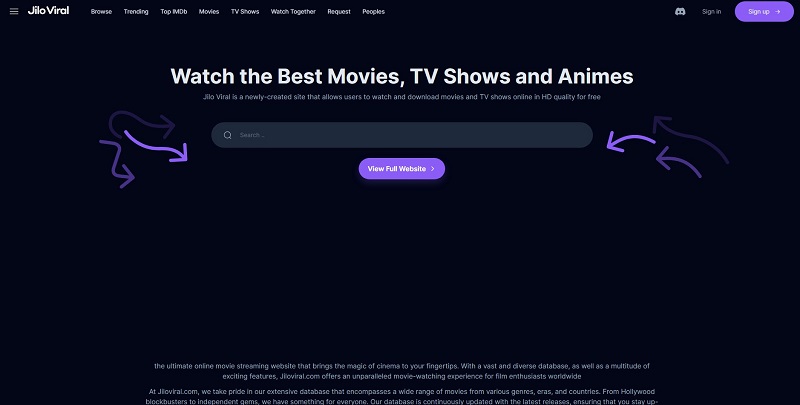 Jilo Viral website screenshot offering free HD movies, TV shows, and anime streaming.