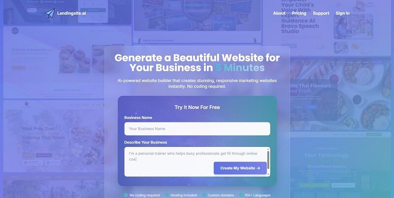 Landingsite AI dashboard showing website creation form and AI website builder interface.