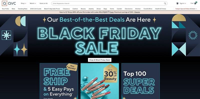 Dashboard screenshot of QVC official website highlighting seasonal discounts and promo offers.